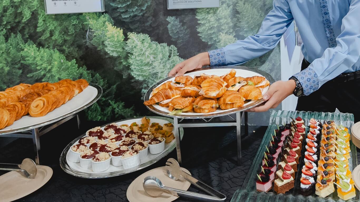 Mini Croissant with Slice Cheese and Smoked Chicken Loaf, Assorted French Pastries, Red Velvet Muffins